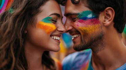 Obraz premium Close-up of couple exchanging a loving glance with pride face paint