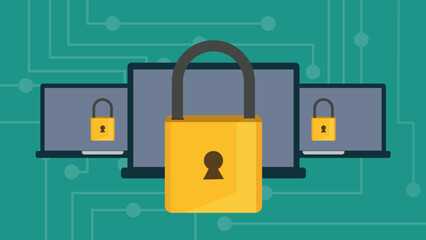Concept of data security access. Shield, padlock on laptop screen protect sensitive data. Internet security, Data protection, data security. Vector illustration.