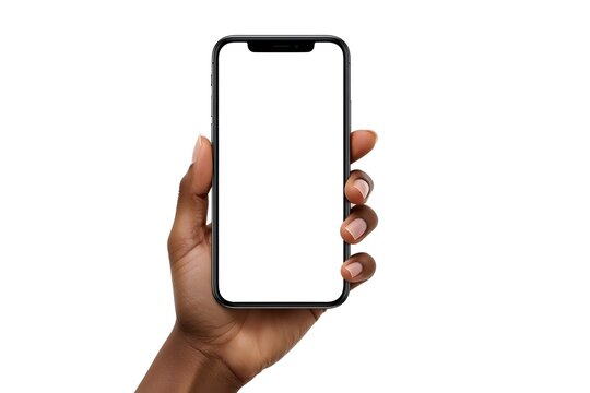 Black woman hand holding modern smart phone isolated on white background.