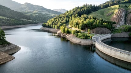 Scenic River Valley Overlooked by Forested Hills and Curving Reservoir Wall