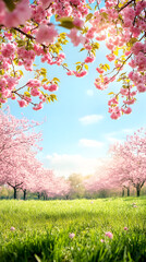 Fototapeta premium Cherry Blossoms in Full Bloom Over a Lush Green Field Under a Clear Blue Sky