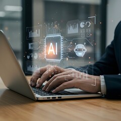 Obraz premium Hands type on a laptop overlayed with AI graphics including a chip and robot icon