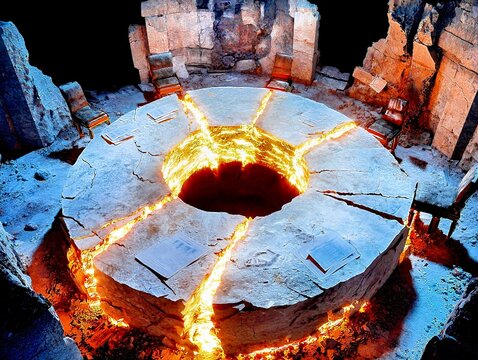 Cracked Stone Table with Fiery Core: A Mystical Meeting Place. 