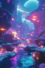 "Vibrant fantasy landscape with colorful rocks and lush greenery under the moon"