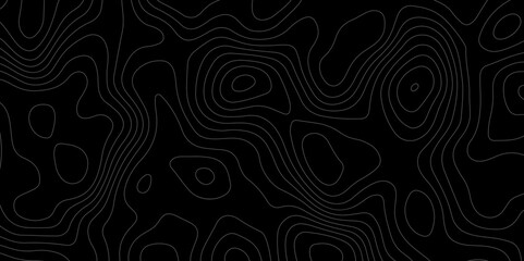 Abstract dark topographic contour lines on a black background. Minimalist elevation map pattern for modern tech, data visualization, or geographic design. Smooth flowing lines in organic shapes.