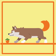 Cartoon Wolf Walking Past Fruit, Illustration, Yellow Background