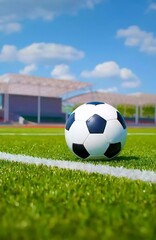 Fototapeta premium Generative AI Soccer Ball on Vivid Green Field Under a Bright Sky