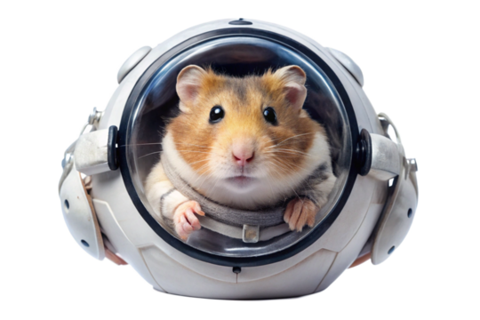 Hamster astronaut floating in space wearing spacesuit isolated on white background