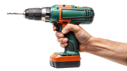 Battery screwdriver or drill on hand holding, isolated on white background