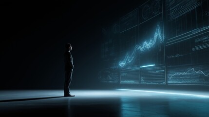 Business professional analyzes digital data trends in a dark modern workspace