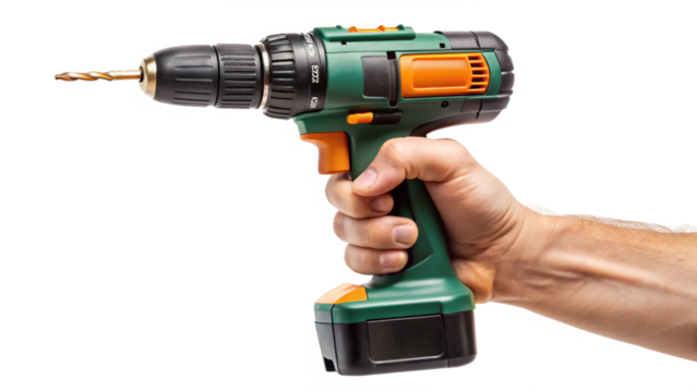 Battery screwdriver or drill on hand holding, isolated on white background