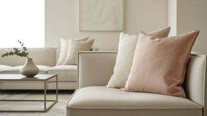 Modern Living Room with Beige Sofas and Soft Pink Pillows