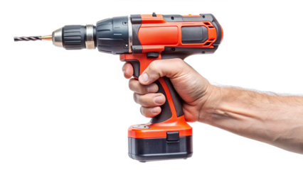 Battery screwdriver or drill on hand holding, isolated on white background