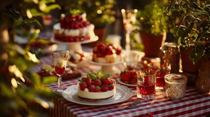 Naklejka premium Delicious dessert table adorned with fresh strawberries during a sunny afternoon gathering
