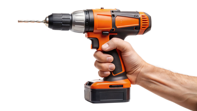 Battery screwdriver or drill on hand holding, isolated on white background