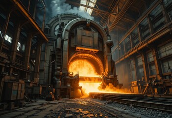 Industrial steel factory interior with burning molten metal glowing intensely inside furnace