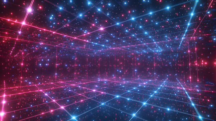 Fototapeta premium Futuristic Grid Room with Neon Lights and Starry Background