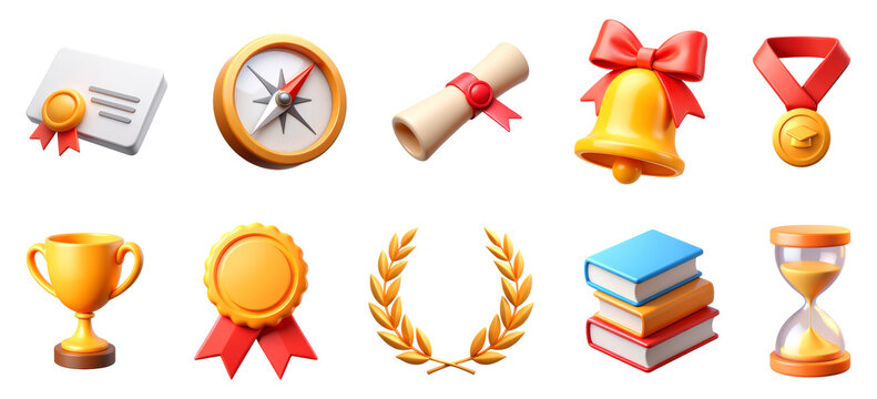 Graduation and Academic Achievement Elements, Set of 3D Icons – Glossy Minimal Emoji Style, Isolated PNG objects
