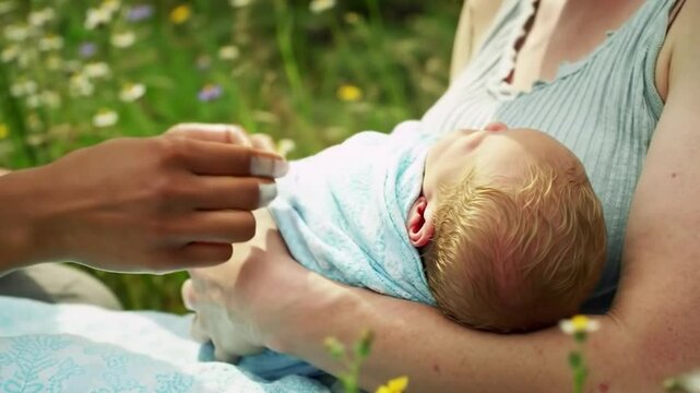 femme tenant un nouveau n&eacute; dans ses bras dans un parc