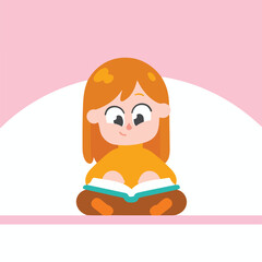 Cartoon girl reading a book, sitting cross-legged, pink background