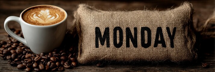 Cozy Coffee Cup and Monday Pillow with Coffee Beans Background
