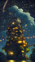 Obraz premium Illuminated Tower Amidst Starry Night Sky