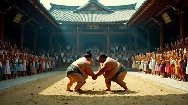 Sumo wrestlers engage in fierce competition inside a historic arena with lively crowd present in Japan