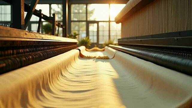 Exploring an eco friendly textile factory with weaving machines creating linen fabric from natural flax fibers.