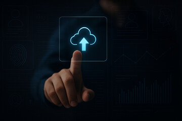 Futuristic user interface upload concept with digital cloud icon and human finger touch interaction for secure data submission systems