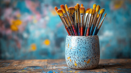 close-up of handmade paint brushes in ceramic cup on artist workspace 