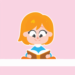 Smiling girl reading book illustration, educational theme, pink background.