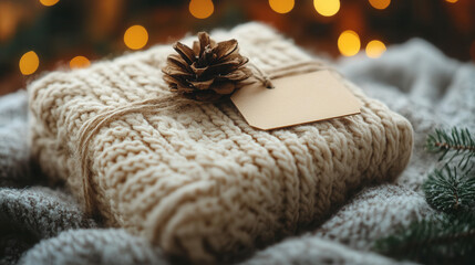 Cozy beige knit gift wrap, tied with eco twine and paper tag, minimal holiday mood 