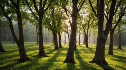 Naklejka premium Sunlight streams through a tranquil forest