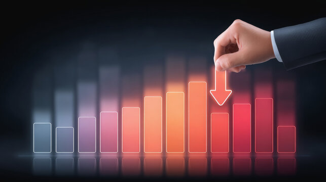 A hand in a business suit points downward at a glowing bar graph, indicating a decline in performance or negative trend.