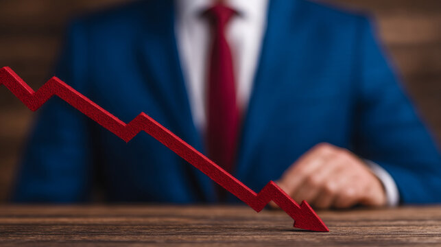A businessman in a blue suit and red tie sits behind a wooden desk with a red downward trending arrow symbolizing financial decline.