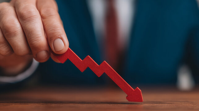 A person in a suit holds a red zigzag arrow pointing downward, symbolizing financial decline or business loss.
