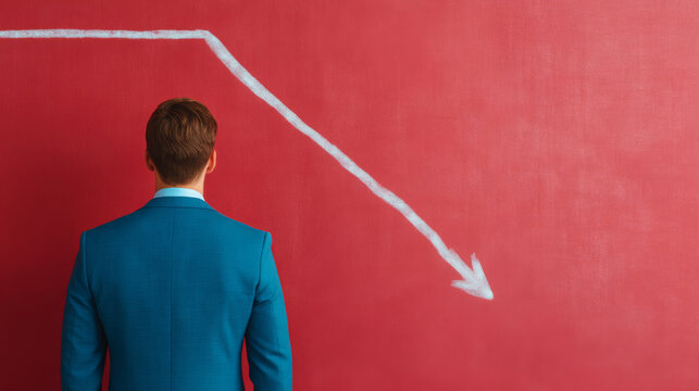 A man in a blue suit faces a red wall with a white downward arrow symbolizing decline or decrease.