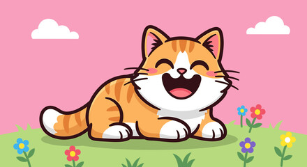 Cartoon ginger tabby cat lying in meadow