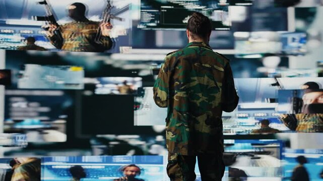 Armed forces officer monitoring drone and satellite imagery to gather intelligence, collecting insight for war planning. Mission control and secure global operations through cyber defense. Camera B.