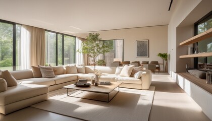 Fototapeta premium this bright airy living room features plush sofas modern furniture and large windows accentuated by soft beige tones