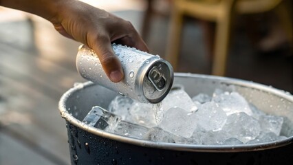 Chilled beverage can being placed in an ice bucket.