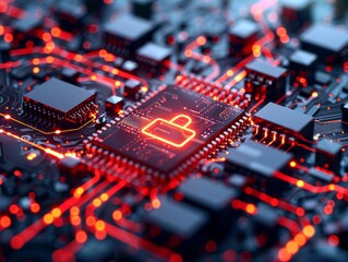 Cybersecurity concept with glowing padlock icon on a circuit board, representing data protection and network security.