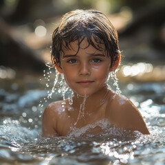 Obraz premium Young boy swimming in the water.