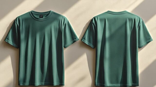 Two teal-colored, plain, short-sleeved t-shirts against a beige background