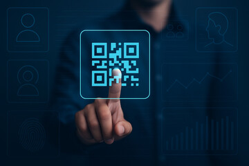 Man Finger Touching Digital QR Code Icon for Secure Scan Authentication on Futuristic Interface Display with Holographic Elements