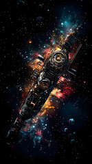 A futuristic spacecraft navigating through a vibrant, star-filled nebula in deep space