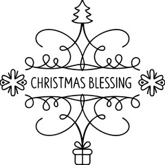 Christmas blessing line art design. Elegant Christmas blessing frame with tree and gift.  Christmas blessing graphic perfect for holiday cards and invitations.