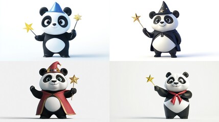 Four adorable 3D-rendered pandas, each in a different whimsical costume (party hat, wizard robe, king's attire, and a red scarf) and holding a golden star wand, against a plain white background