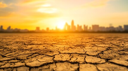 Golden Light on a Dry Barren Land with a Blurred City Skyline