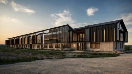 Modern building complex at sunset